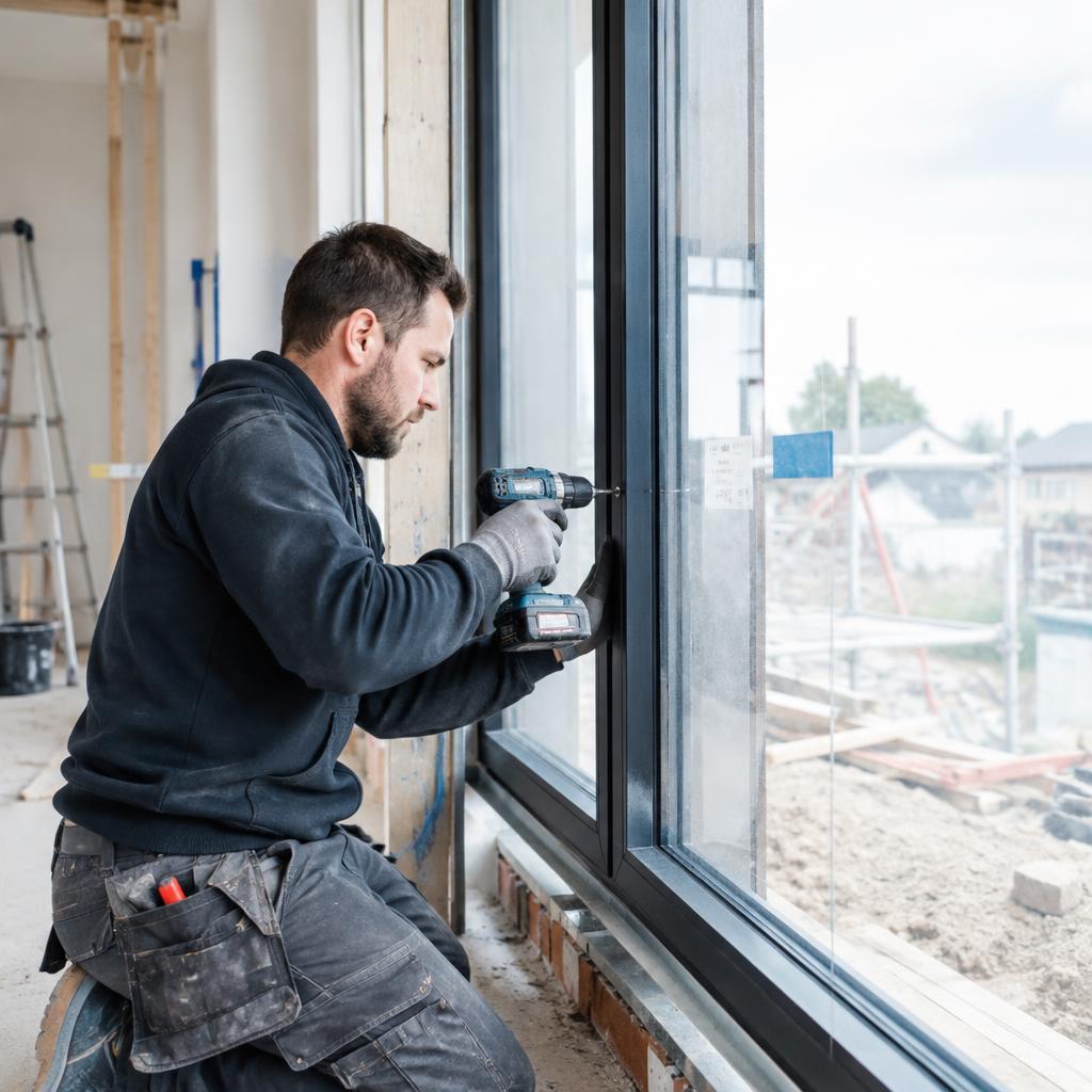 Vakman van Alex Kozijnen monteert een aluminium kozijn