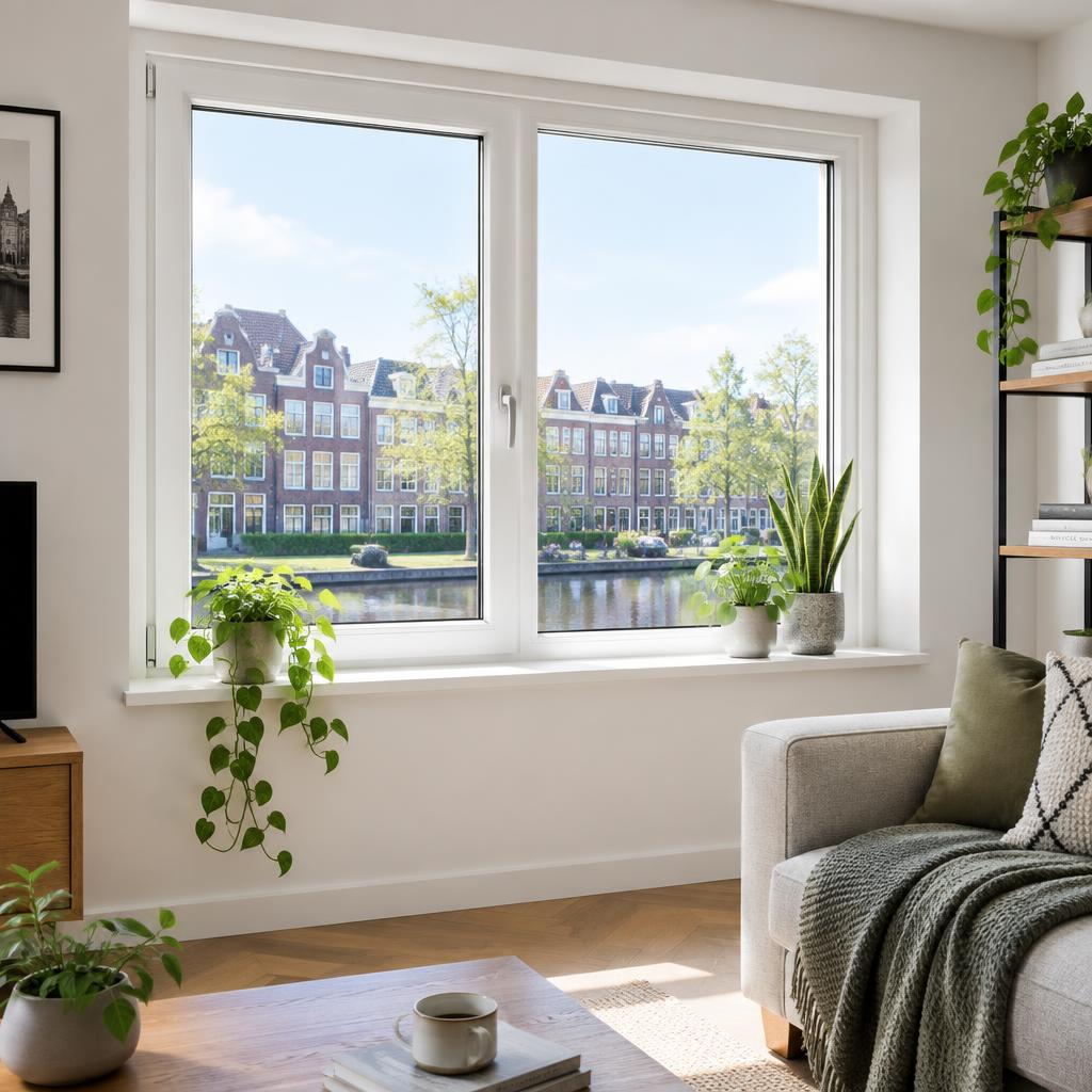 Wit kunststof kozijn in een lichte woonkamer